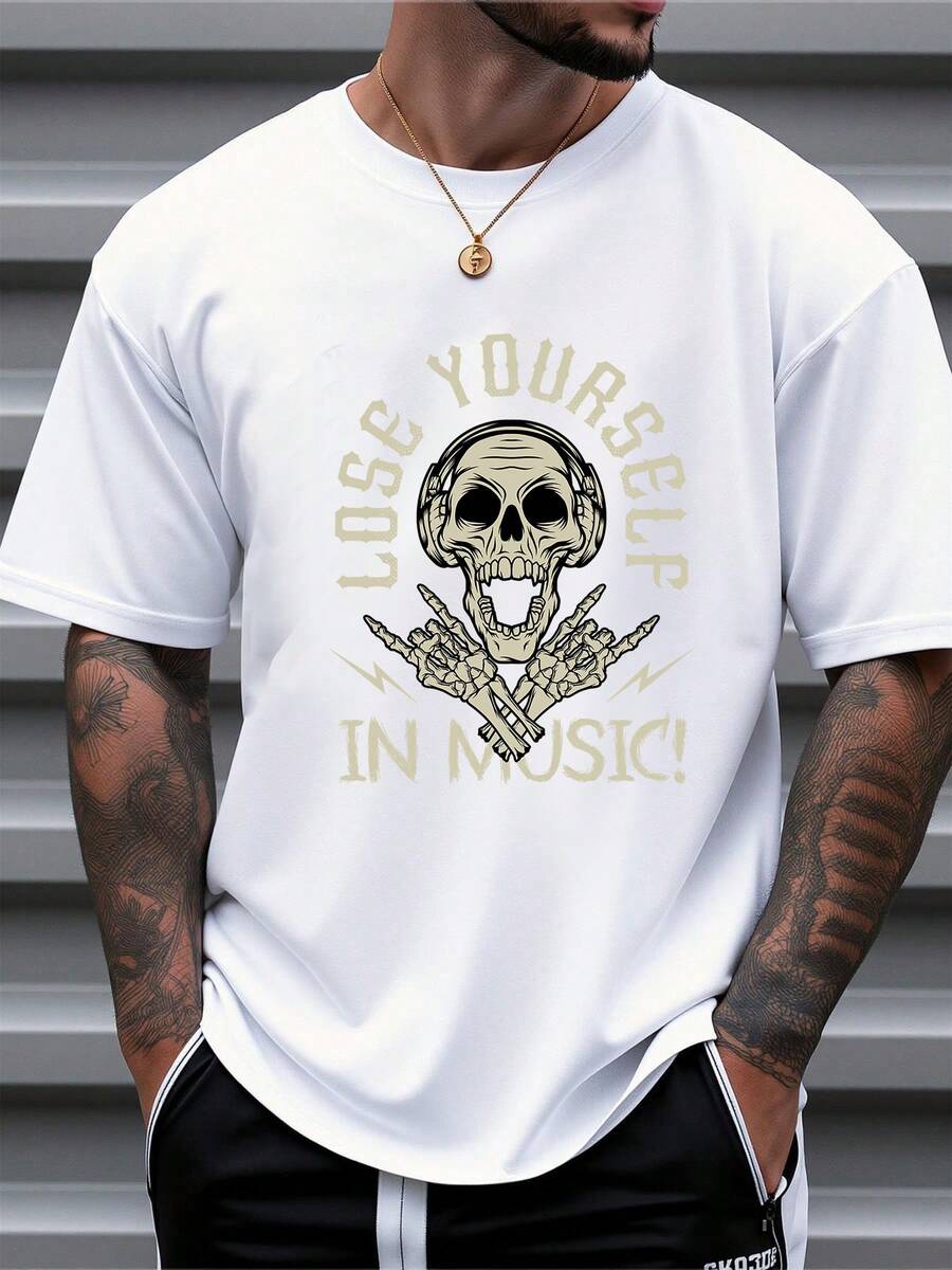 T-shirt graphique oversize en pur coton à manches courtes pour hommes, imprimé crâne, style streetwear décontracté, Lose Yourself In Music - Blanc - Voir 1