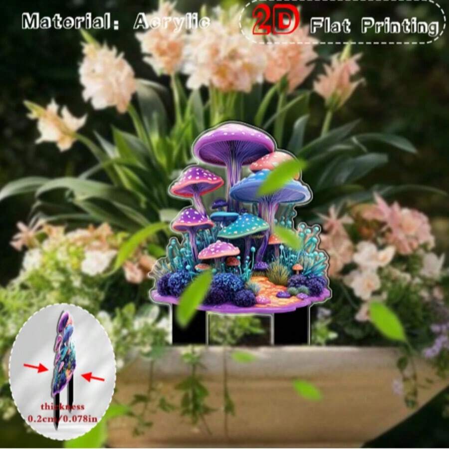 新款 2D 印花彩色蘑菇壓克力花園插飾，盆栽植物裝飾品 - C - 查看 1