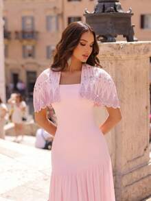 New Heavy Embellished Luxury Diamond Shawl + Bandage Dress 2-Piece Set, Flowing Mesh Skirt, Elegant Glamorous Birthday Party Bandage Dress - Pink - View 7