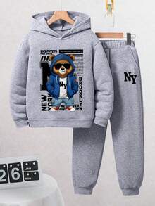 Boys' Cartoon Pattern Warm Hoodie And Sweatpants - Grey - View 1