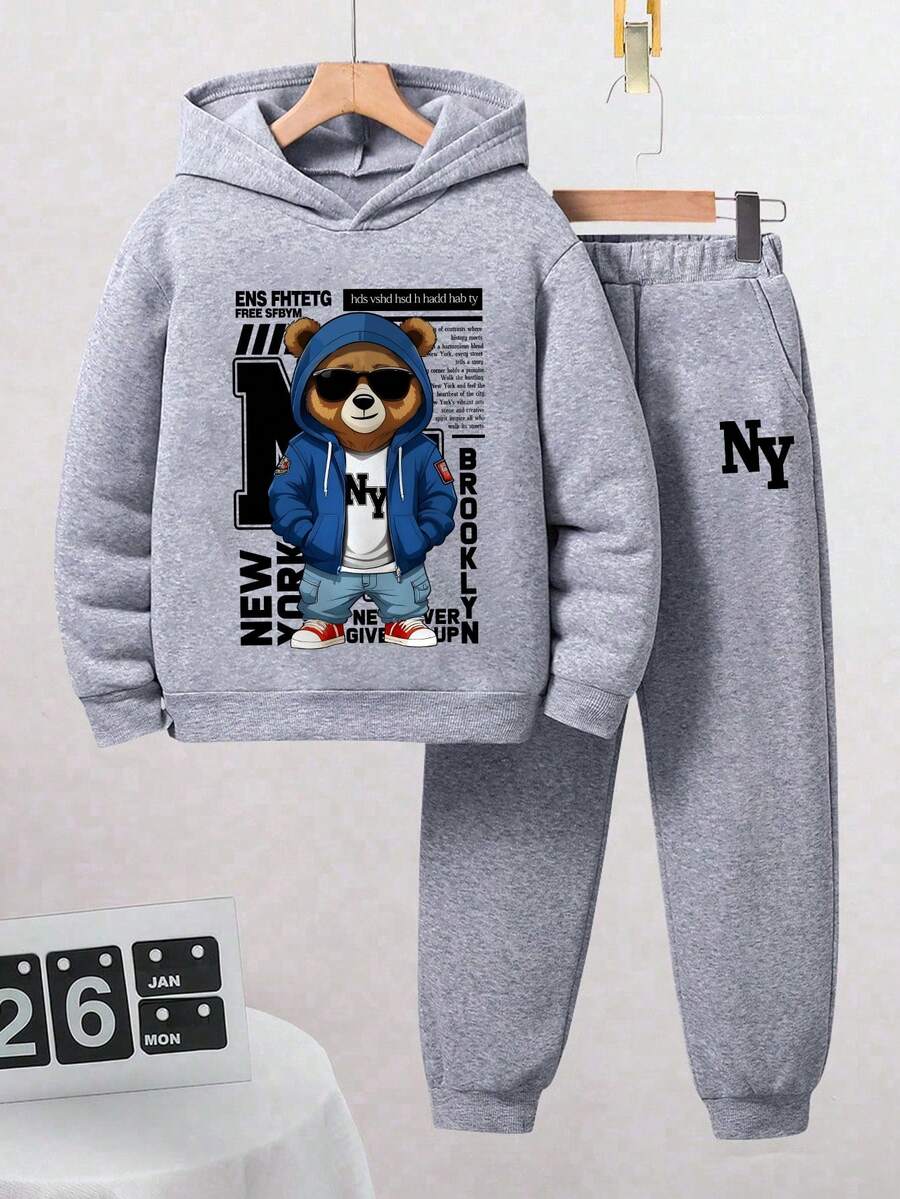 Boys' Cartoon Pattern Warm Hoodie And Sweatpants - Grey - View 1