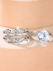 3 Pieces Set Elegant And Exquisite Women's Rings With A Crown-Set Design-Stylish And Sophisticated, Perfect For Engagements Or Anniversaries. - Silver - View 3