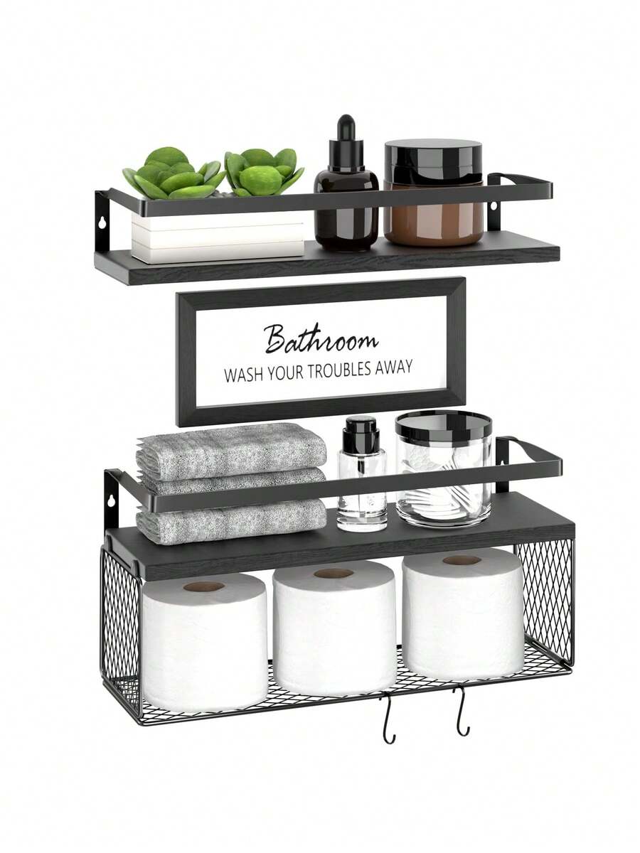 TAIMASI Floating Shelves, Bathroom Shelves Over Toilet With Wall Decor Sign, Wood Wall Shelves With Protective Metal Guardrail & Paper Storage Basket For Bathroom, Bedroom, Living Room, Kitchen - Great For Christmas, New Year's, Valentine's Day - 黑胡桃 - 查看 1