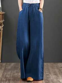 1 pieza Pantalones de mujer con bolsillo con cordón de tela tejida de unicolor, adecuados para citas, vacaciones, uso diario, fiestas de cumpleaños, fiestas de solteros, fiestas escolares, l - azul real - Ver 8