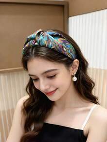 1pc Abstract Art Print Knotted Headband, Wide Colorful Painted Headband, Bohemian Style Women's Hair Accessory - Multicolor - View 4