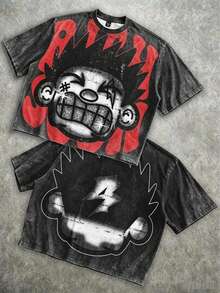 Manfinity Roghcode Men's Oversized Distressed Funny Diamond Teeth Tattoo Big Face Allover Print Cropped Loose T-Shirt (High Quality) - 水洗黑紅 - 查看 16