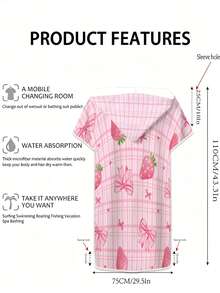 1pc Pink Plaid Strawberry Bow Pattern Hooded Bath Towel, Modern Style Ultra-Fine Microfiber Rectangular Absorbent Changing Robe Multi-Function Towel Suitable For Indoor Bathroom Outdoor Beach Bath Towel Bathrobe Birthday Gift, All Season Bathroom Bathing Home Shower Wrap Bathing Robe, Loose Fit Unisex Couple Loungewear Suitable For Christmas And Other Holidays - Multicolor - View 4