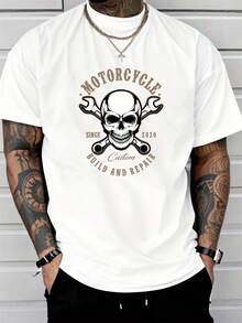 Men's Pure Cotton Short-Sleeve T-Shirt Motorcycle Skull Wrench Graphic Print Casual Streetwear Summer Top - 白色 - 查看 1