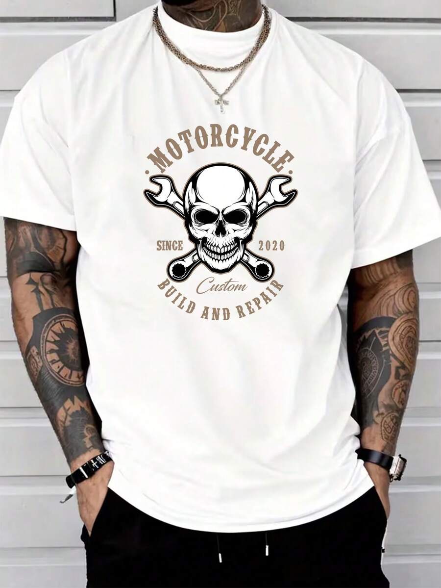 Men's Pure Cotton Short-Sleeve T-Shirt Motorcycle Skull Wrench Graphic Print Casual Streetwear Summer Top - 白色 - 查看 1