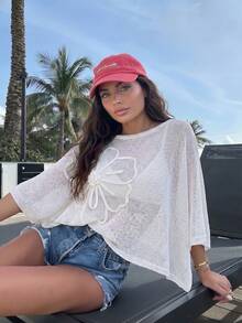 優雅女款春夏時尚休閒日常度假海灘粉色針織鏤空亮片船領純色半透明連帽上衣白色 - 白色 - 查看 8