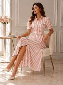 Elegant Women's Midi Shirt Dress With Pink And White Stripes, Belt And Puff Sleeves, Perfect For Summer Outings And Casual Events. - 乾枯玫瑰色 - 查看 8