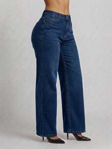 Pantalón Mezclilla Stretch Mujer Corte Amplio Cintura Alta - Azul lavado oscuro - Ver 4