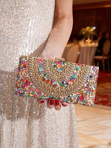 Bolso de mano/clutch de noche artesanal con incrustaciones de brillo y rhinestones, bolsa para fiestas, bolsa de cosméticos, bolso bandolera con correa, bolso de moda - Multicolor - Ver 3