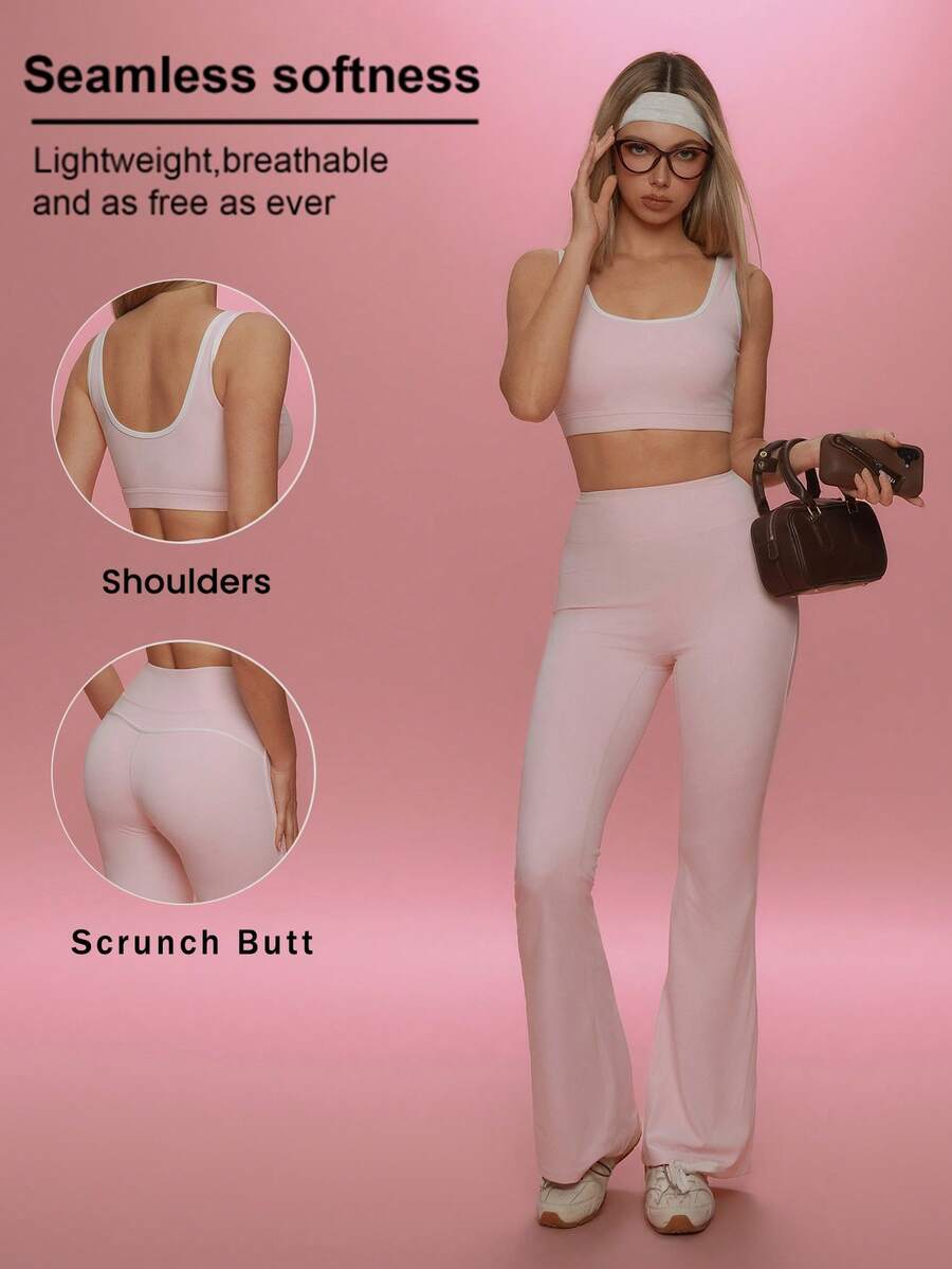 Conjunto de Bloques de Color, Top sin Mangas de Bloques de Color (Con Almohadillas Removibles) / Bustier Camisola de Bloques de Color / Top Convertible, Conjunto Elegante de 2 Piezas para Mujeres Deportes - Rosa - Ver 1