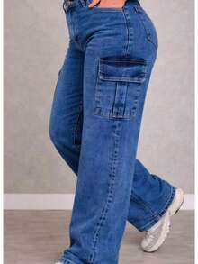 Women's High-Waisted Blue Premium Plus Size Wide Leg Cargo Jeans - 藍色 - 查看 3