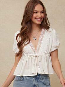 Top de verano bohemio estilo country-western con cuello en V profundo, lazo, flecos frontales, mangas cortas abombadas y volantes, confeccio - Albaricoque - Ver 2