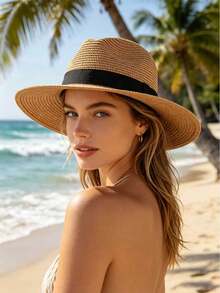 1pc Unisex Summer Sun Protection Straw Hat, Wide Brim Beach Sun Hat, Travel Beach Hat, Panama Round Top Hat - Multicolor - View 1