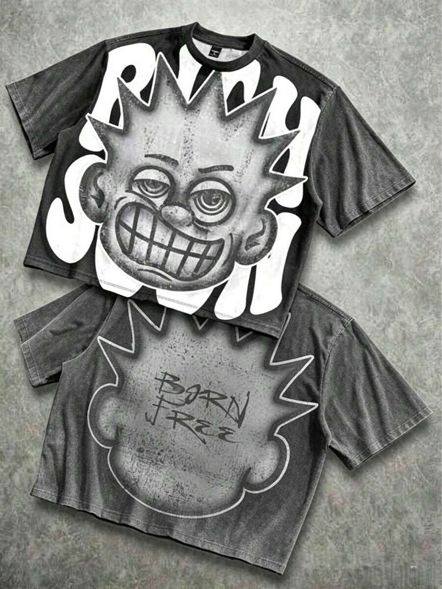 Manfinity Roghcode Men's Oversized Distressed Funny Diamond Teeth Tattoo Big Face Allover Print Cropped Loose T-Shirt (High Quality) - 水洗黑色2 - 查看 1
