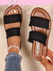 XfxfA Pair Of Women's Black Lace Fashionable Sandals, Breathable With Exposed Toes, Suitable For Daily Outings/Dates/Vacations And Other Occasions - Black - View 1