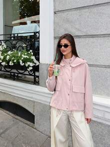 ZAHM Pink Hooded Utility Jacket, Drawstring Waist Casual Versatile Outerwear - Pink - View 8