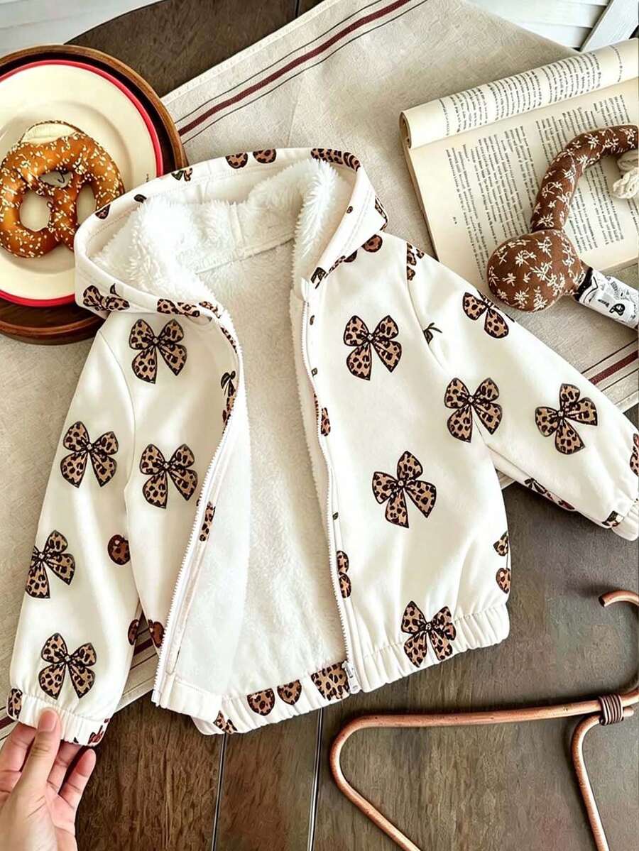 Young Girls Bow Pattern Print Warm Hooded Jacket - White - View 1
