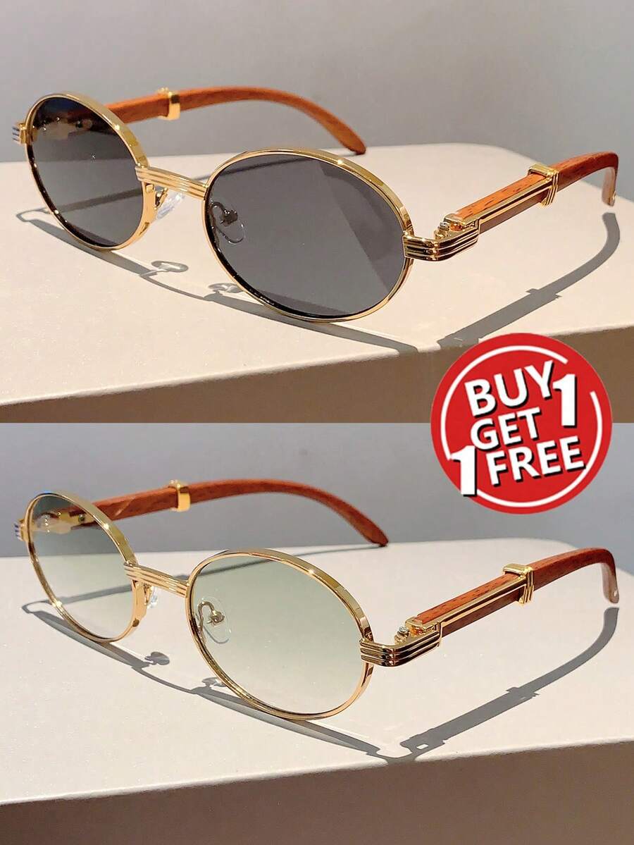 New Retro Oval Frame Fashion Glasses Design Fashion Glasses With Faux Wood Grain Temples - c2c5 金框灰片+金框漸層綠片 - 查看 1