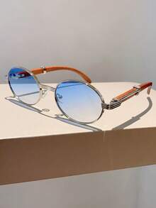 Neue modische Vintage ovale Rahmen Brille, Design mit Vortäuschung Holzmaserung Bügeln für Sommer Strand Urlaub, Outdoor, Reisen - c3 silberner Rahmen Farbverlauf blau - Übersicht 4