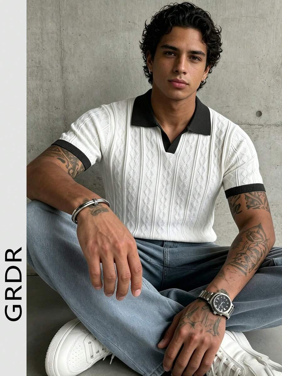 GRDR Suéter de punto de manga corta de unicolor con cuello de gaviota, ligero para hombre, adecuado para salidas de verano, esencial para un estilo de moda