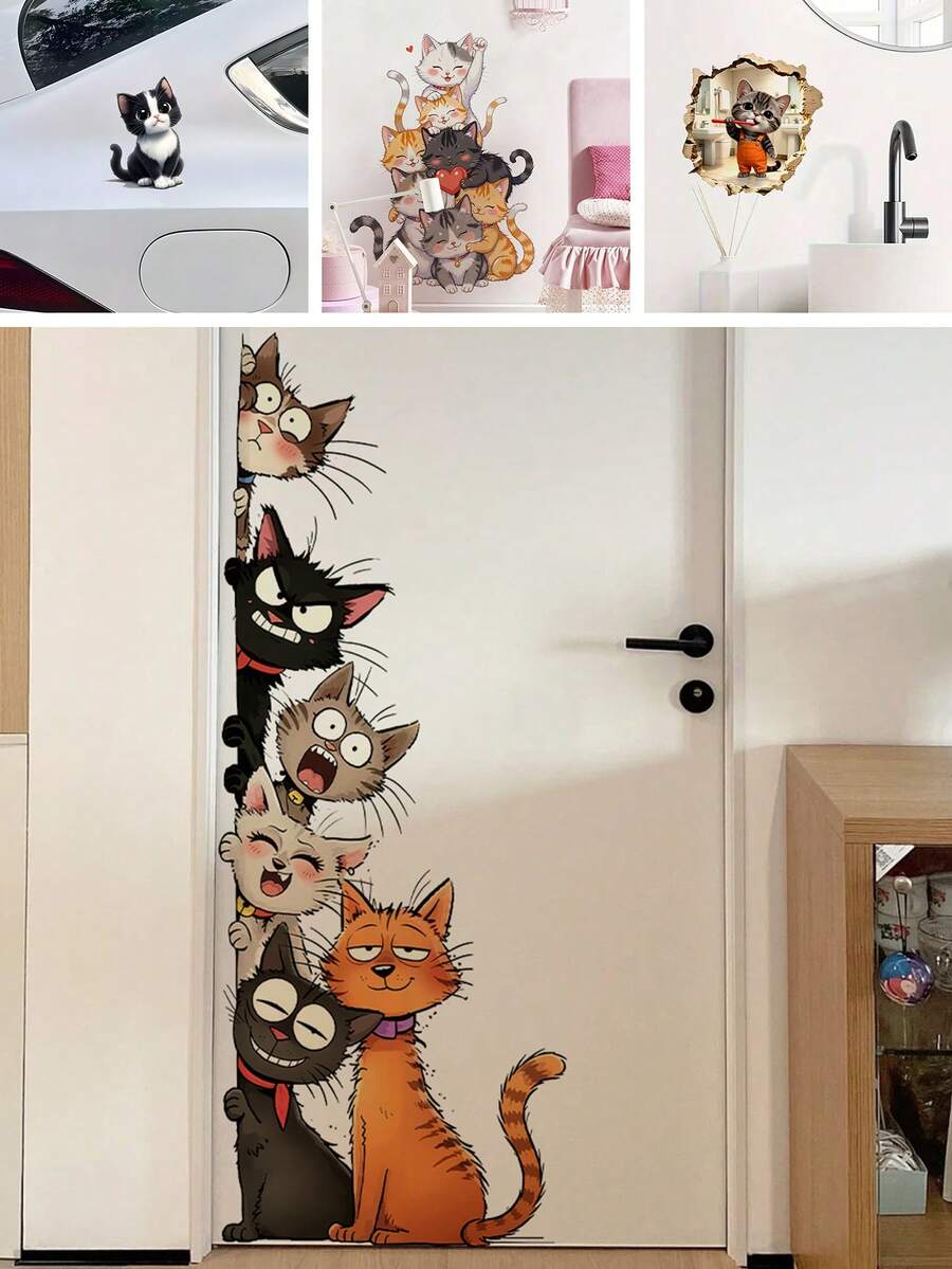 1Pc Cute Cartoon Cats Peekaboo Wall Sticker | Funny Animal Decals For Kids Room Decor | Easy To Apply Vinyl Art For Door & Home - Multicolor - View 1