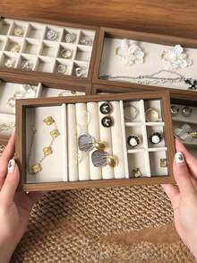 1pc Wooden Velvet Jewelry Tray, Jewelry Storage Display Tray, Drawer-Style Earring Storage Box, Stackable Jewelry Storage Tray - Multicolor - View 9