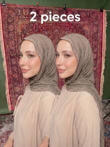 2pcs/Set Dirty Wash Arabic Hijab, Thin Solid Color Lightweight Casual Long Scarf, Suitable For Daily Use, Raffeld Hijab - Khaki - View 3