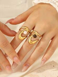 2pcs Women's 18K Gold Plated Stainless Steel Open Adjustable Wrap Rings, Intertwined Twisted Metal Design With Round Natural Shell And Tiger Eye Stone Inlaid, Vintage Daily Party Fashion Jewelry - Yellow Gold - View 1