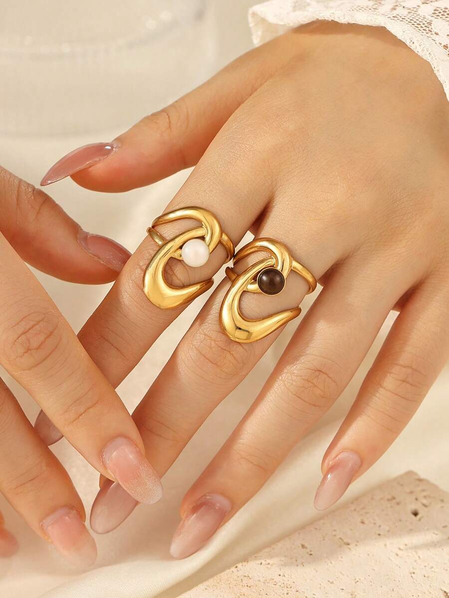 2pcs Women's 18K Gold Plated Stainless Steel Open Adjustable Wrap Rings, Intertwined Twisted Metal Design With Round Natural Shell And Tiger Eye Stone Inlaid, Vintage Daily Party Fashion Jewelry - Yellow Gold - View 1