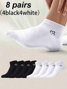 1/8 Pairs Women's Heart Pattern Black & White Solid Color Boat Socks, Casual Sweat-Absorbing Breathable Invisible Socks, Suitable For Daily Wear, Sports, Home, All Seasons - Black and White - View 8