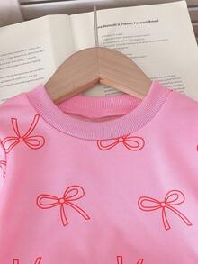 Baby Girl Bow Pattern Print Crew Neck Long Sleeve Sweatshirt And Denim Pants - Pink - View 3