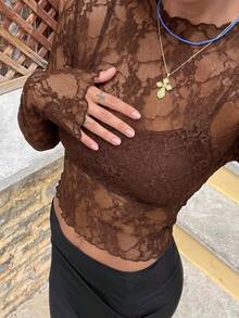 Atasan Zelie Wanita Lengan Panjang Berenda Cokelat, Berenda Transparan, Gaya Berlapis untuk Liburan - Coffee Brown - View 6
