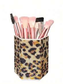 1pc Rhinestone Leopard Print Hexagonal Makeup Brush Holder, Large Capacity, Surface Embedded With Colorful Rhinestones, Luxurious Sparkling Style, Full Rhinestone Pattern, Hexagonal Column Shape, Neat Edge Details, Makeup Tool Container, Suitable For Bedroom Vanity, Makeup Room Desktop And Other Scenes - Multicolor - View 14