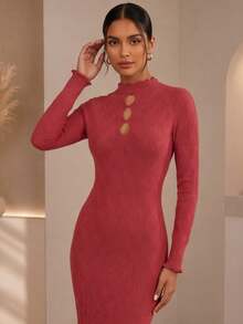 Vestido Midi Feminino Tricot Canelado Manga Longa Gola Alta Elegante - Goiaba - Visão 5