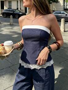 女士法式海军蓝白边抹胸上衣，蕾丝下摆拼接，收腰设计，适合日常、工作、约会、度假等多种场合。 - 寶藍色 - 查看 5