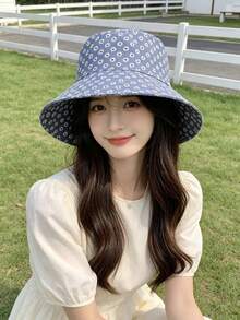 女款花卉雛菊印花牛仔水桶帽，寬簷輕便遮陽帽，適合海邊度假、日常戶外購物 - 彩色 - 查看 1