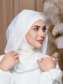 1 pieza Pañuelo de cabeza de mujer de unicolor de gasa, capa base, calentador de cuello, gorro elástico, hijab, gorro turbante, transpirable, cómodo, elástico, de ala ancha, absorbente de sudor, antideslizante, multifuncional, pañuelo deportivo, pañuelo de moda simple, capucha y pañuelo de gasa a juego, 2 en 1, fácil de usar e instantáneamente de moda para salir - Blanco - Ver 3