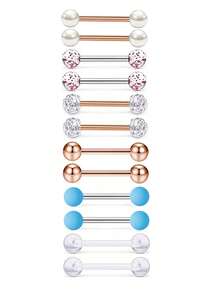 12pcs Set Minimalist Classic Stainless Steel Tongue Rings, Nipple Rings, Ball Studs, Body Jewelry Suitable For Women's Daily Wear - 12-piece Set - View 8