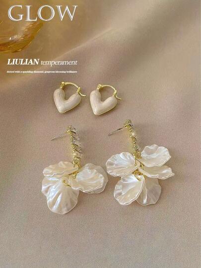 2 Pairs French Vintage Luxury Elegant Geometric Shell Petal Heart Stud Earrings Suitable For Teenage Girls Daily And Holiday Wear