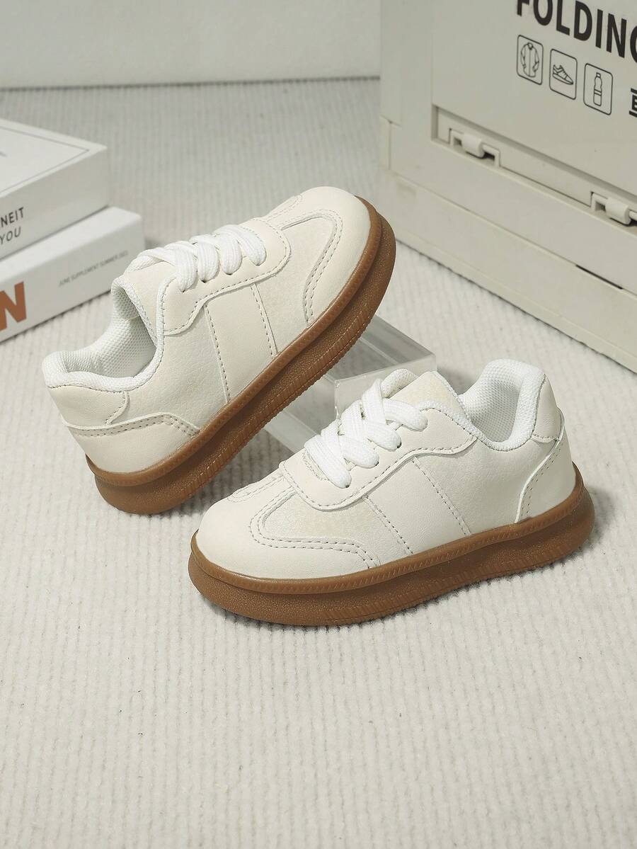 1 Pair Classic Soft Sole Anti-Slip Baby Sneakers, Spring/Autumn Unisex Toddler Caramel Sole Fashion Casual Shoes, Versatile School Style Everyday Shoes - Beige - View 1