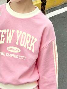 Young Girl Casual Minimalist Pink Mini Cartoon Pattern Colorblock Cream Apricot Striped Short Sleeve Crew Neck Long Sleeve And Pants Set - Pink - View 4