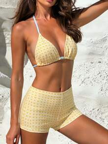 Conjunto de bikini 2026 de verano para mujer con parte superior de triángulo con copas y estampado de cuadros en color amarillo claro, calzones clásicos retro elegantes con estampado de cuadros, conjunto de 2 piezas con decoración de cuentas de colores lindos, adecuado para la playa, vacaciones, fotografía en la playa - Multicolor - Ver 10