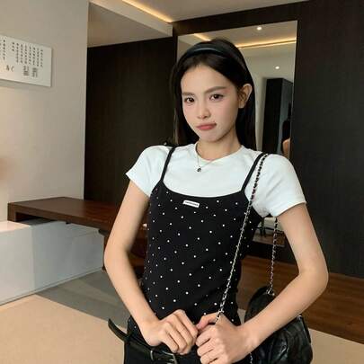 レディース トップス tシャツ 半袖 カットソー フェイクレイヤード 重ね着風 ドッキングトップス キャミソール ドット柄 水玉 バイカラー タイト スリム フィット ショート丈 コンパクト