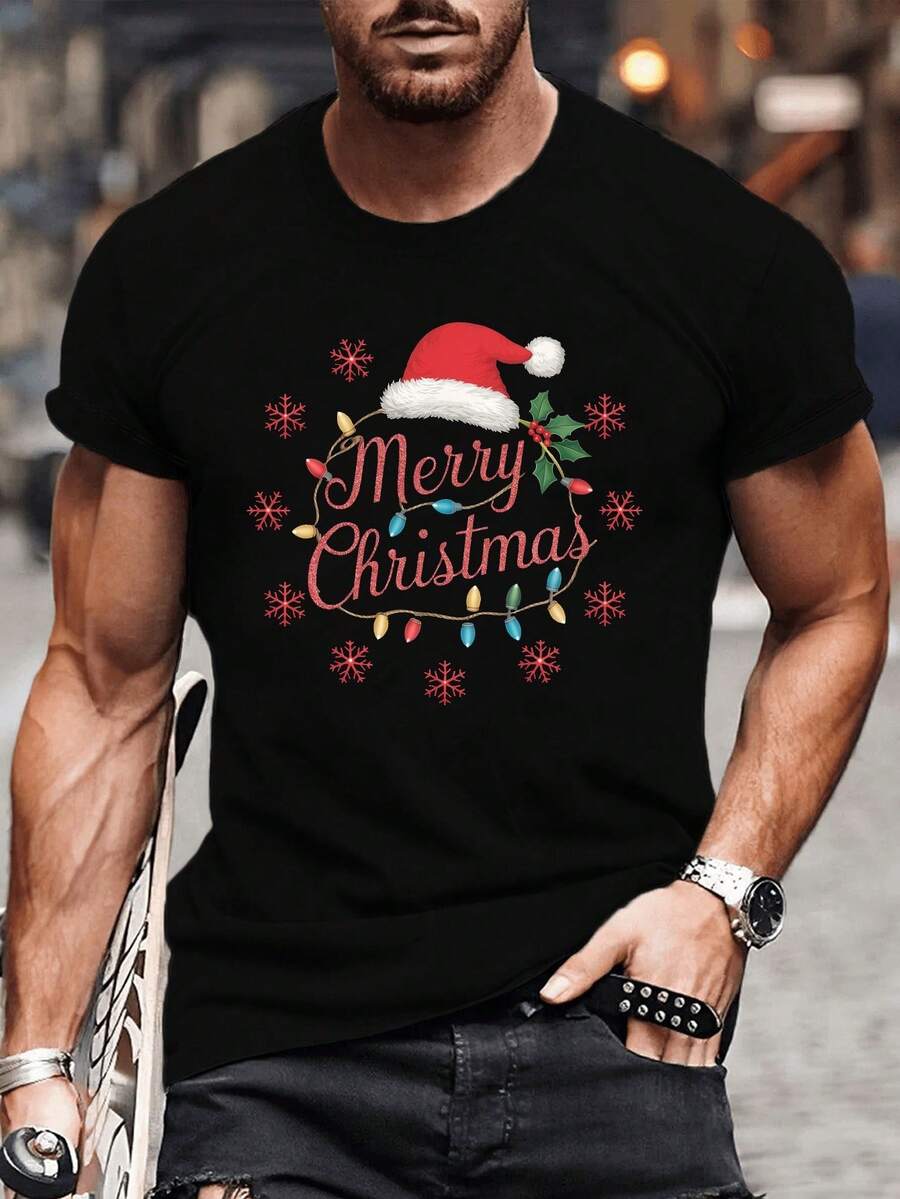 Merry Christmas Pattern Print T Shirt,Men T Shirt,Summer Casual Short Sleeves T Shirt - 黑色 - 查看 1