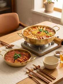 Flat Bottom Frying Pan, Available In Gold And Silver 2 Colors, Dual Handle European Style, Stainless Steel Pasta Plate, Steak Plate, Seafood Pot, Korean Hot Pot, Home Cooking, High Temperature Resistant Pot, Baking Tray - View 9