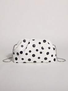 1 pieza Bolso de Nube Plisado de PU con Estampado de Lunares en Contraste Negro & Blanco de Textura Aceitosa de Alto Brillo, Bolso de Mano Minimalista para Uso Diario, Bolso de Noche de Estilo Minimalista, Bolso de Moda para Mujer para Uso en Banquetes y Fiestas - Blanco - Ver 6
